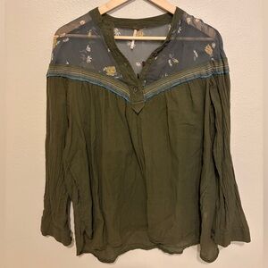 Free People Olive Green Blouse with Floral Detail and Pockets, Size XS
